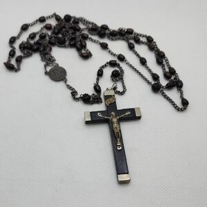 Vtg Ebony Nickel Silver Metal Crucifix Cross France